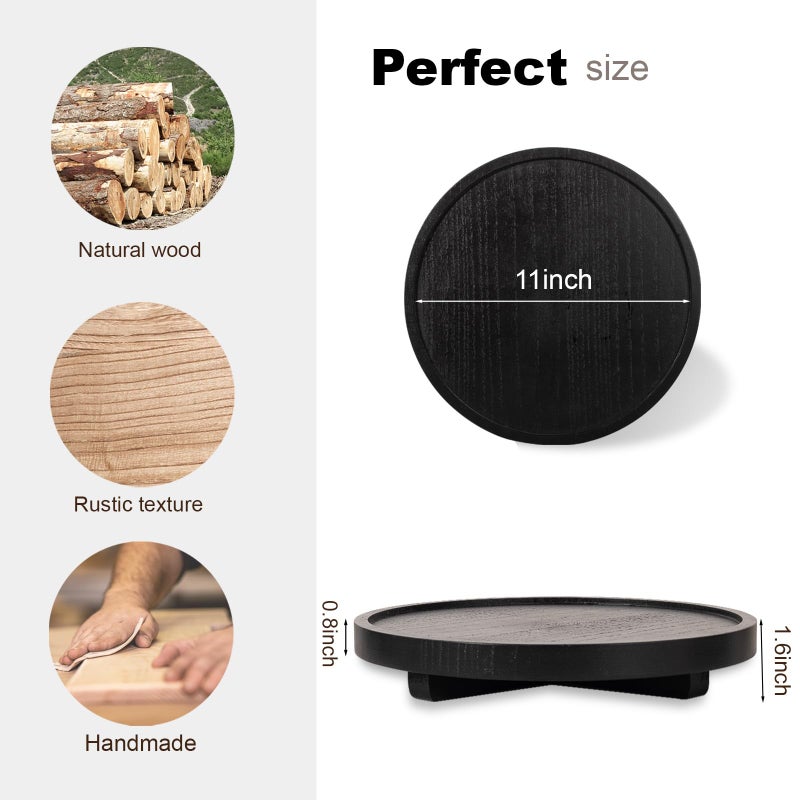 zoocatia Round Decorative Tray Wood Bathroom Counter Organizer Farmhouse Kitchen Decor Wooden Riser for Soap Dish  Perfume  Candle  Sponge  11"" - Black - Image 3